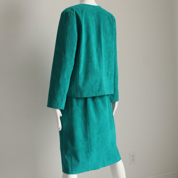 Horchow Suit Jacket and Skirt 2pc Set Teal Blue Ultrasuede Vintage 80s - Picture 4 of 7
